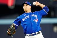 Toronto Blue Jays starting pitcher Hyun Jin Ryu (99) works against the Cleveland Guardians during first inning MLB baseball action in Toronto on Saturday, August 26, 2023. THE CANADIAN PRESS/Frank Gunn