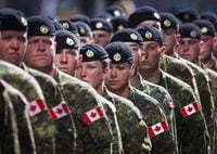 Members of the Canadian Armed Forces march during the Calgary Stampede parade in Calgary, Friday, July 8, 2016. The Canadian Armed Forces is developing contingency plans to keep COVID-19 from affecting its ability to defend the country and continue its missions overseas amid concerns potential adversaries could try to take advantage of the crisis. THE CANADIAN PRESS/Jeff McIntosh
