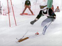 Sarah Doherty during ski race at Winter Park, CO., 1985. Courtesy of the Family