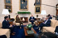 WASHINGTON, DC - FEBRUARY 27: U.S. President Joe Biden and Vice President Kamala Harris meet with (L-R) Senate Minority Leader Mitch McConnell (R-KY), House Speaker Mike Johnson (R-LA), Senate Majority Leader Chuck Schumer (D-NY), House Minority Leader Hakeem Jeffries (D-NY), on February 27, 2024 at the White House in Washington, DC. The president plans to discuss the urgency of legislation to keep federal funding going past midnight on Friday, as well as his requests for billions of dollars in aid for Ukraine and Israel. (Photo by Roberto Schmidt/Getty Images)