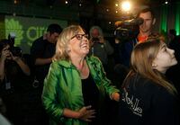 Green Party leader Elizabeth May watches as results come in during election night at Crystal Gardens in Victoria, B.C., on Monday, October 21, 2019. THE CANADIAN PRESS/Chad Hipolito  