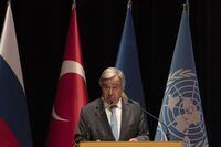 United Nations Secretary General Antonio Guterres, speaks to the media during a press conference at the Joint Coordination Center in Istanbul, Turkey, Saturday, Aug. 20, 2022. United Nations Secretary General Antonio Guterres on Saturday praised the "remarkable and inspiring operation" that has seen some 650,000 metric tons of grain and other food shipped from Ukraine. (AP Photo/Khalil Hamra)