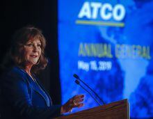 ATCO chief executive officer Nancy Southern addresses the company's annual meeting in Calgary on Wednesday, May 15, 2019. The Alberta Utilities Commission has doubled the amount ATCO must refund to consumers after it attempted to overcharge them for costs it shouldn't have incurred. THE CANADIAN PRESS/Jeff McIntosh
