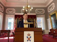 Minister of Services Nova Scotia Colton LeBlanc speaks at Province House in Halifax on Wednesday March 22, 2023. LeBlanc says the province will extend the cap limiting rent costs, while raising the amount that landlords can hike rent at the end of 2023. THE CANADIAN PRESS/Lyndsay Armstrong