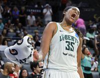 LAS VEGAS, NEVADA - AUGUST 15: Jonquel Jones #35 of the New York Liberty reacts after checking out late in the fourth quarter of the 2023 Commissioner's Cup Championship game against the Las Vegas Aces at Michelob ULTRA Arena on August 15, 2023 in Las Vegas, Nevada. The Liberty defeated the Aces 82-63. NOTE TO USER: User expressly acknowledges and agrees that, by downloading and or using this photograph, User is consenting to the terms and conditions of the Getty Images License Agreement. (Photo by Ethan Miller/Getty Images)