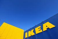 FILE PHOTO: The IKEA logo is seen outside an IKEA furniture store in Brussels, Belgium June 13, 2023.  REUTERS/Yves Herman/File Photo