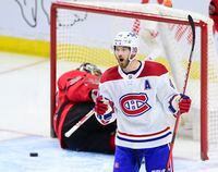 Montreal Canadiens' Paul Byron (41) celebrates a shorthanded goal on Ottawa Senators goalie Filip Gustavsson (32) during second period NHL action in Ottawa on Thursday, April 1, 2021. THE CANADIAN PRESS/Sean Kilpatrick