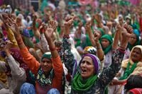 Thousand of women gather to join the farmers who are continuing to protest against the central government's recent agricultural reforms, in New Delhi, India, on March 8, 2021.