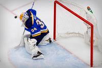 St. Louis Blues goaltender Jake Allen during a game against the Vancouver Canucks on Aug. 19, 2020, at Rogers Place in Edmonton.