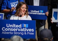 Rebecca Schulz speaks at a campaign launch rally in Calgary on Sat., April 29, 2023.The Alberta government is promising to invest $125 million over the next five years to protect communities against flood and drought. THE CANADIAN PRESS/Jeff McIntosh