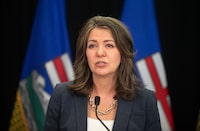 Alberta Premier Danielle Smith introduces legislation addressing agreements between the federal government and provincial entities in Edmonton on Wednesday April 10, 2024. THE CANADIAN PRESS/Jason Franson.