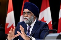 Minister of Emergency Preparedness Harjit Sajjan speaks at a news conference on the forecast for the 2024 wildfire season with federal ministers, in Ottawa, on Wednesday, April 10, 2024. THE CANADIAN PRESS/Justin Tang