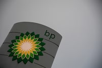 FILE PHOTO: The logo for a BP petrol station is seen in London, Britain, September 24, 2021. REUTERS/Toby Melville/File Photo