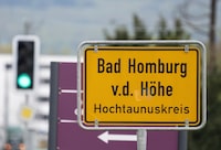 The town sign of Bad Homburg in the Taunus, Germany, Monday April 22, 2024. Three people suspected of spying for China and facilitating the transfer of information on technology with potential military uses were arrested in Germany on Monday. The homes and offices of the suspects, who were arrested in Duesseldorf and in Bad Homburg, near Frankfurt, were searched. (Boris Roessler/dpa via AP)