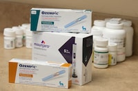 Boxes of Ozempic and Mounjaro, semaglutide and tirzepatide injection drugs used for treating type 2 diabetes and made by Novo Nordisk and Lilly, is seen at a Rock Canyon Pharmacy in Provo, Utah, U.S. March 29.