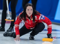 Team Canada skip Kerri Einarson watches a rock as they play New Brunswick in playoff action at the Scotties Tournament of Hearts at Fort William Gardens in Thunder Bay, Ont. on Friday, Feb. 4, 2022. THE CANADIAN PRESS/Andrew Vaughan