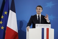 French President Emmanuel Macron addresses a media conference at the conclusion of an EU Summit in Brussels, Friday, March 22, 2024. European Union leaders on Friday discussed plans to boost investment and the economy. (AP Photo/Omar Havana)