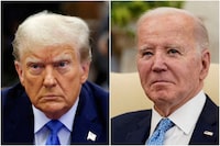 FILE PHOTO: Combination picture showing former U.S. President Donald Trump attending the Trump Organization civil fraud trial, in New York State Supreme Court in the Manhattan borough of New York City, U.S., November 6, 2023 and U.S. President Joe Biden participating in a meeting with Italy's Prime Minister Giorgia Meloni in the Oval Office at the White House in Washington, U.S., March 1, 2024. REUTERS/Brendan McDermid and Elizabeth Frantz/File Photo/File Photo