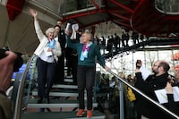 Members of Swizz association Senior Women for Climate Protection react after the announcement of decisions after a hearing of the European Court of Human Rights (ECHR) to decide in three separate cases if states are doing enough in the face of global warming in rulings that could force them to do more, in Strasbourg, eastern France, on April 9, 2024. Europe's top rights court on April 9 said Switzerland was not doing enough to tackle climate change, in the first such ruling on the responsibility of states in curbing global warming. The ECHR however threw out two other cases against European states on procedural grounds. (Photo by Frederick FLORIN / AFP) (Photo by FREDERICK FLORIN/AFP via Getty Images)