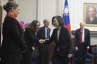 From left, Director of the American Institute in Taiwan Sandra Oudkirk, Chair of the American Institute in Taiwan (AIT) Laura Rosenberger, former U.S. Deputy Secretary of State James Steinberg, Taiwan's President Tsai Ing-wen and former U.S. National security advisor Stephen Hadley meet at the Presidential Office in Taipei, Taiwan on Monday, Jan. 15, 2024. (ADen Hsu/Pool Photo via AP)