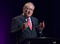 Liberal Leader Wade MacLauchlan makes a point at the provincial leaders debate at the Harbourfront Theatre in Summerside, P.E.I. on Tuesday, April 16, 2019. THE CANADIAN PRESS/Andrew Vaughan
