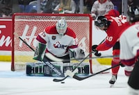 Team White goalie Scott Ratzlaff (33) stops Team Red's Carey Terrance (10) during the second period of the CHL/NHL Top Prospects game, in Langley, B.C., on Wednesday, January 25, 2023. THE CANADIAN PRESS/Darryl Dyck