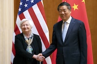 FILE - Treasury Secretary Janet Yellen, left, shakes hands with Chinese Vice Premier He Lifeng during a meeting at the Diaoyutai State Guesthouse in Beijing, China, July 8, 2023. Yellen is hosting He for two days of talks this week. The meeting is set for Thursday, Nov. 9, and Friday, Nov. 10, in San Francisco ahead of the Asia-Pacific Economic Cooperation summit and is the latest in a series of high-level talks between U.S. and Chinese officials aimed at easing tensions between the two economic powers. (AP Photo/Mark Schiefelbein, Pool, File)
