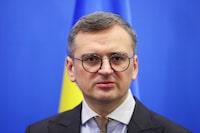 FILE PHOTO: Ukraine's Foreign Minister Dmytro Kuleba looks on, on the day of a bilateral meeting with U.S. Secretary of State Antony Blinken (not pictured), at the NATO Alliance's headquarters in Brussels, Belgium April 4, 2024. REUTERS/Johanna Geron/Pool/File Photo