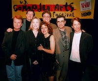 Former cast members of SCTV are reunited at the U.S. Comedy Arts Festival on Saturday, March 6, 1999 in Aspen, Colo. From left front row are: Dave Thomas; Catherine O'Hara; Andrea Martin; Eugene Levy; and Martin Short. In the back row are Joe Flaherty, left, and Harold Ramis. THE CANADIAN PRESS/AP/E Pablo Kosmicki