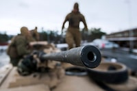 (FILES) US Marines prepare their M1 Abrams tank to take part in an exercise to capture an airfield as part of the Trident Juncture 2018, a NATO-led military exercise, on November 1, 2018 near the town of Oppdal, Norway. The United States will provide depleted uranium tank ammunition to Ukraine as part of a $175 million aid package, the Pentagon said on September 6, 2023. The 120mm rounds are for the US M1 Abrams tanks that Washington has promised to Kyiv and which are expected to be delivered before the end of the year. (Photo by Jonathan NACKSTRAND / AFP) (Photo by JONATHAN NACKSTRAND/AFP via Getty Images)