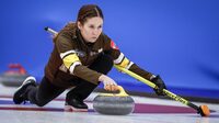 Team Manitoba-Lawes skip Kaitlyn Lawes delivers a stone as they play Team Northern Ontario at the Scotties Tournament of Hearts in Calgary, Alta., Thursday, Feb. 22, 2024. THE CANADIAN PRESS/Jeff McIntosh