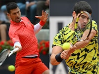 (COMBO/FILES) This combination of file photographs created on May 25, 2023, shows Serbia's Novak Djokovic (L) as he returns to Denmark's Holger Rune during their quarterfinals match of the Men's ATP Rome Open tennis tournament at Foro Italico in Rome on May 17, 2023 and Spain's Carlos Alcaraz (R) as he returns to Hungary's Fabian Marozsan during their third round match of the Men's ATP Rome Open tennis tournament at Foro Italico in Rome on May 15, 2023. Novak Djokovic could face world number one Carlos Alcaraz in the semi-finals of the French Open after both players were placed in the same half of the draw on May 25, 2023.  Djokovic is chasing a record 23rd men's Grand Slam title in the absence of the injured Rafael Nadal, who will miss the tournament at Roland Garros for the first time since his 2005 title-winning debut. (Photo by Filippo MONTEFORTE and Tiziana FABI / AFP) (Photo by FILIPPO MONTEFORTE,TIZIANA FABI/AFP via Getty Images)