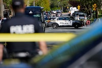 Police survey the scene of an early morning shooting on Park Lane Circle in Toronto on May 7, 2024. The shooting happened just meters away from Toronto rapper Drake’s mansion.
May 7, 2024.
(Sammy Kogan/The Globe and Mail)