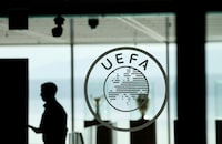 Soccer Football - Euro 2028 & Euro 2032 Hosts Announcement - Nyon, Switzerland - October 10, 2023 The UEFA logo is pictured at the headquarters ahead of the announcement REUTERS/Denis Balibouse