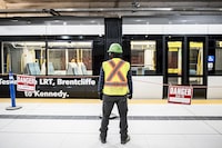 The Eglinton Crosstown LRT arrives at the Science Centre station, during a media tour of the line in Toronto, on Tuesday, October 12, 2021.  (Christopher Katsarov/The Globe and Mail)