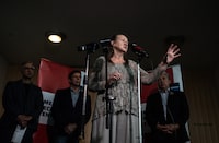 Premier Caroline Cochrane of the Northwest Territories has announced she won't be running for re-election in November. Cochrane speaks about the wildfire situation after visiting evacuees in Edmonton, Wednesday, Aug. 30, 2023. THE CANADIAN PRESS/Jason Franson.