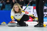 Manitoba skip Jennifer Jones delivers a rock while playing Team Canada during the final at the Scotties Tournament of Hearts, in Kamloops, B.C., on Sunday, February 26, 2023. Jones beat American Delaney Strouse 8-5 on Thursday morning to remain unbeaten at the Grand Slam of Curling's Kioti National. THE CANADIAN PRESS/Darryl Dyck