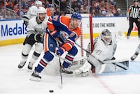 Edmonton Oilers captain Connor McDavid was named a finalist for this year's Hart Trophy on Tuesday as he seeks to win the NHL's most valuable player award for a second straight season. Los Angeles Kings' Matt Roy (3) chases McDavid (97) as goalie David Rittich (31) poke checks the puck during second period NHL playoff action in Edmonton, Wednesday, May 1, 2024.THE CANADIAN PRESS/Jason Franson