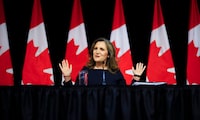 Deputy Prime Minister and Minister of Finance Chrystia Freeland holds a press conference in the media-lockup prior to tabling the Federal Budget in Ottawa on Tuesday, April 16, 2024.