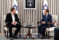JERUSALEM, ISRAEL - NOVEMBER 27: Elon Musk (L) meets with Israeli President Isaac Herzog (R) on November 27, 2023 in Jerusalem, Israel. Billionaire and boss of the social network X, Elon Musk, travelled to Israel during the truce between Israel and Hamas. Musk is due to speak with Israeli President Isaac Herzog about the online fight against anti-Semitism. (Photo by Haim Zach (GPO) Handout via Getty Images)