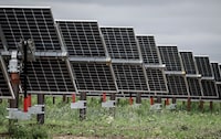 An industry group says Alberta's decision to pause approvals of new renewable energy projects is putting the lives of thousands of workers on hold. Solar panels pictured at the Michichi Solar project near Drumheller, Alta., Tuesday, July 11, 2023. THE CANADIAN PRESS/Jeff McIntosh