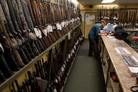 The gun room of Ellwood Epps Sporting Goods in Orillia, Ontario. December 22, 2022. (Photo by Tannis Toohey for the Globe and Mail)