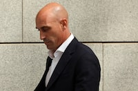 (FILES) Former president of the Spanish football federation Luis Rubiales leaves the Audiencia Nacional court in Madrid on September 15, 2023. Former president of the Spanish Football Federation (RFEF), Luis Rubiales, who landed at Madrid airport in a plane from the Dominican Republic, was arrested on his return to Spain on April 3, 2024 by the Guardia Civil, which is investigating alleged irregular contracts during his term in office, Spanish media report. (Photo by Thomas COEX / AFP) (Photo by THOMAS COEX/AFP via Getty Images)