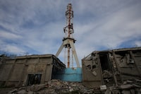 A view shows a television tower partially destroyed by a Russian missile strike, amid Russia's attack on Ukraine, in Kharkiv, Ukraine April 22, 2024. REUTERS/Vyacheslav Madiyevskyy