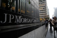A sign of JP Morgan Chase Bank is seen in front of their headquarters tower in Manhattan in September of 2017.