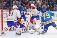 ST LOUIS, MISSOURI - NOVEMBER 4: Sam Montembeault #35 of the Montreal Canadiens makes a save against the St. Louis Blues during the third period at Enterprise Center on November 4, 2023 in St Louis, Missouri. (Photo by Dilip Vishwanat/Getty Images)