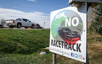 A sign is shown near Rosebud, Alta., northeast of Calgary, where landowners are fighting a proposed racetrack on Wednesday, May 8, 2024.THE CANADIAN PRESS/Jeff McIntosh