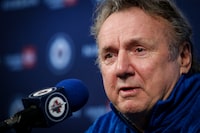 Winnipeg Jets head coach Rick Bowness speaks to media during post playoff press conference in Winnipeg, Thursday, May 2, 2024. THE CANADIAN PRESS/John Woods