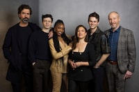 Hamish Linklater, from left, Anthony Boyle, Lovie Simone, Monica Beletsky, Brandon Flynn and Matt Walsh pose for a portrait to promote the Apple TV+ television series "Manhunt" during the Winter Television Critics Association Press Tour on Monday, February 5, 2024, at The Langham Huntington Hotel in Pasadena, Calif. (Willy Sanjuan/Invision/AP)