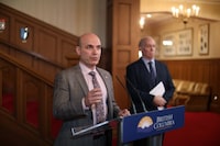 Nathan Cullen speaks after being appointed Minister of Municipal Affairs following a swearing-in ceremony at Government House, in Victoria, Friday, Feb. 25, 2022. The Ministry of Municipal Affairs has introduced new tools it says will help local governments in British Columbia deal with elected officials who are accused or convicted of breaking the law. THE CANADIAN PRESS/Chad Hipolito